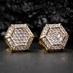 Two Tone Gold 925 Sterling Silver Men's Hip Hop Octagon Cz Stud Earrings